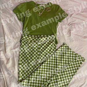 Green checkerboard stretchy flare pants